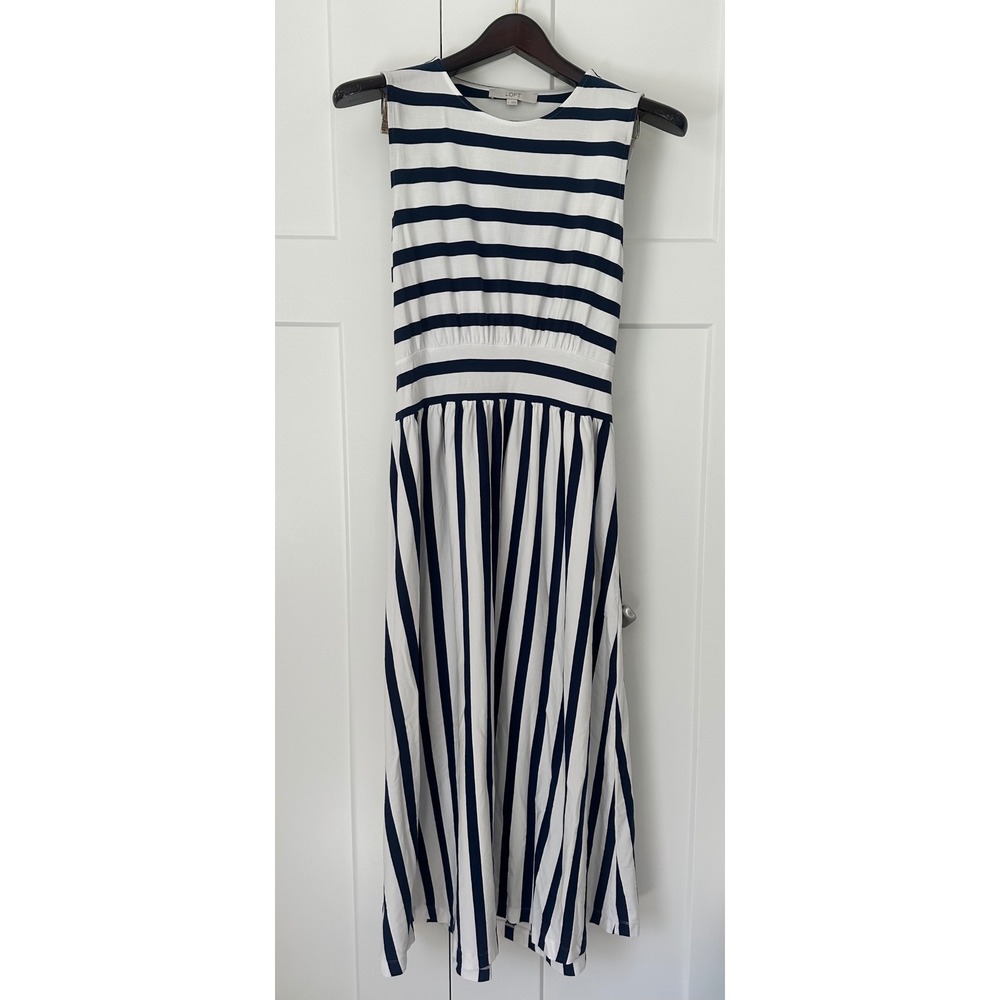 Loft Women's Nautical Theme MIDI Navy & White Stripe Dress